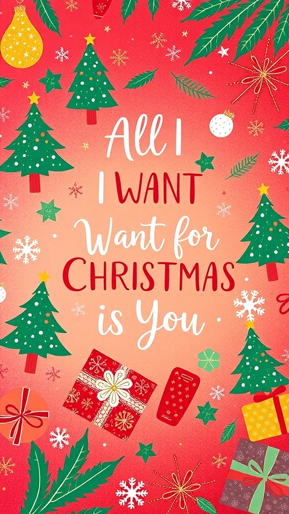 Cute Christmas wallpaper with festive illustrations and the phrase 